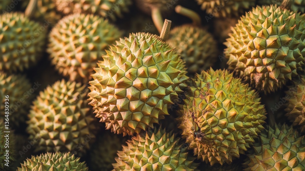 A background of durian fruit, each one covered in spiky thorns, creating an exotic and textured backdrop. A background of durian fruit, each one covered in spiky thorns, creating an exotic and textured backdrop.