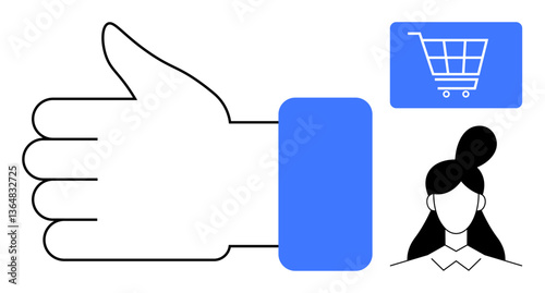 Thumbs-up icon near a womans profile and shopping cart reflecting agreement, positive feedback, and online shopping themes. Ideal for e-commerce, reviews, marketing, customer trust, feedback, digital