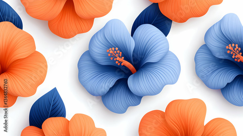 Orange and Blue Hibiscus Flower Pattern on White Background