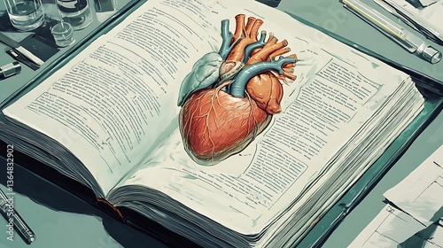 A medical illustration of a heart rests on pages filled with text. Various objects sit on a surface.