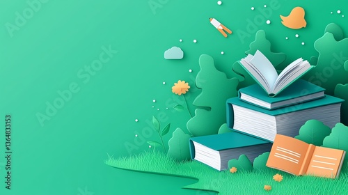 Colorful Illustration of Books Surrounded by Nature Elements and Tools