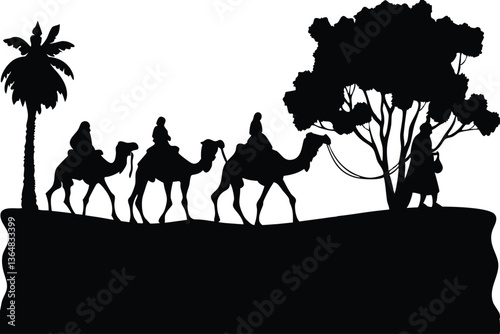 Silhouette of a Caravan: Camels and Nomads Traveling in Desert