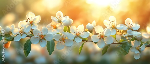 White blossoms on a tree branch with warm sunlight in the background