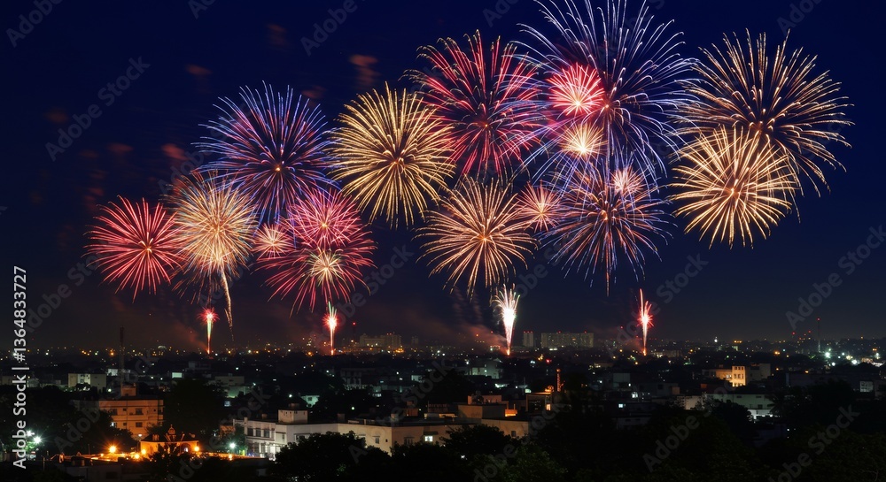 Spectacular Fireworks Display Over Cityscape at Night Vibrant Colors and Festive Celebration Spectacular Fireworks Display Over Cityscape at Night Vibrant Colors and Festive Celebration