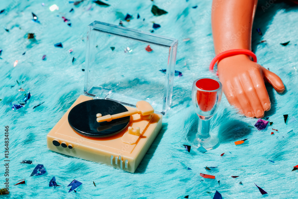 Toy turntable and cocktail glass with confetti on carpet depicting a party scene Toy turntable and cocktail glass with confetti on carpet depicting a party scene