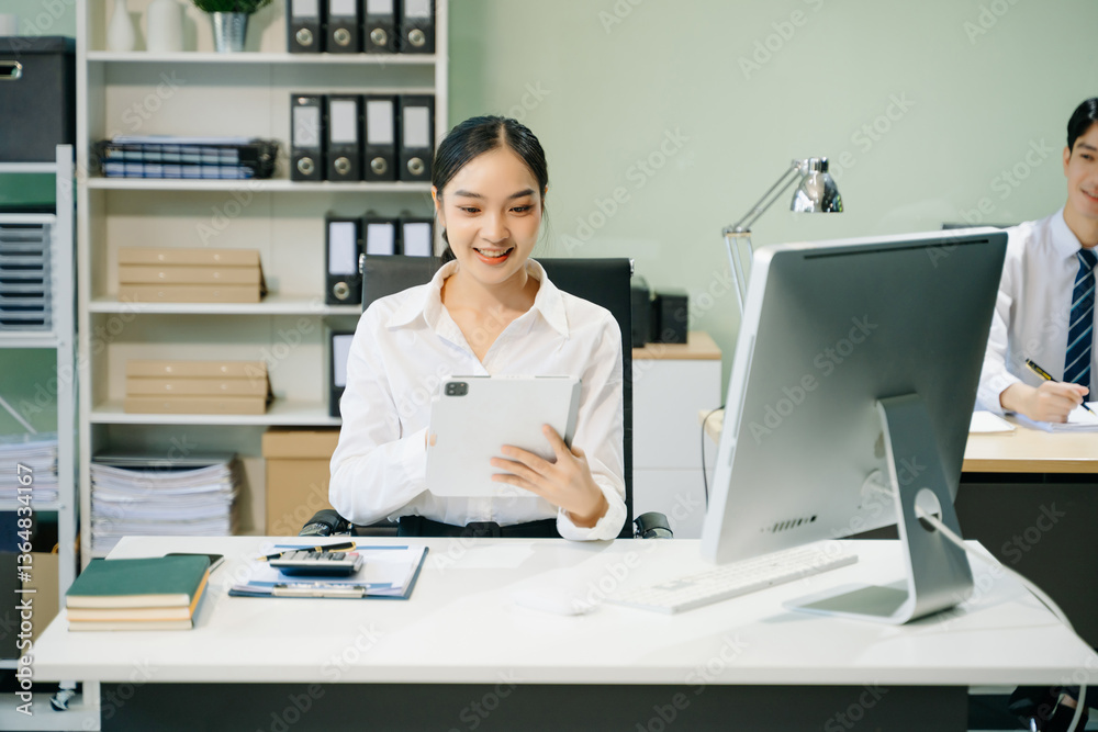 Business woman using tablet and laptop for doing math finance on an office desk, tax Business woman using tablet and laptop for doing math finance on an office desk, tax
