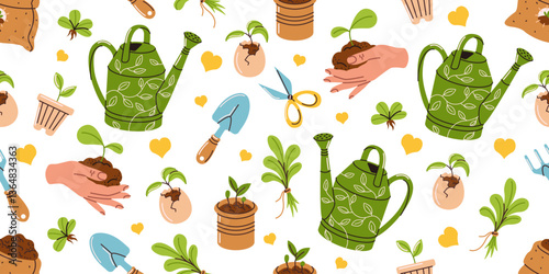 Bright vector seamless pattern with garden tools. Spring drawing of garden elements: watering can, flower pots, shovels, garden shears, seedlings on a white background