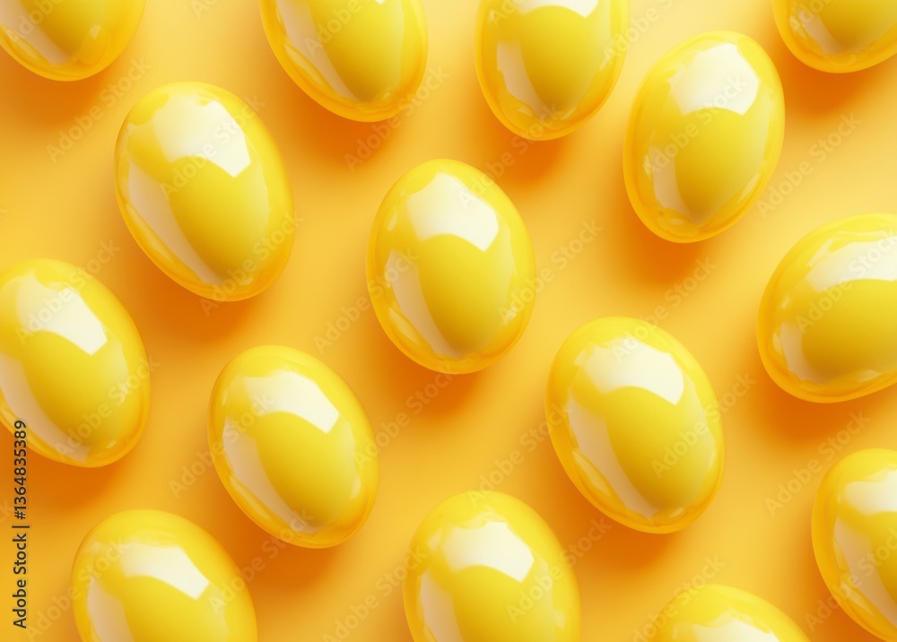 A close up of a yellow egg with a shiny surface. The eggs are arranged in a pattern on a yellow background A close up of a yellow egg with a shiny surface. The eggs are arranged in a pattern on a yellow background