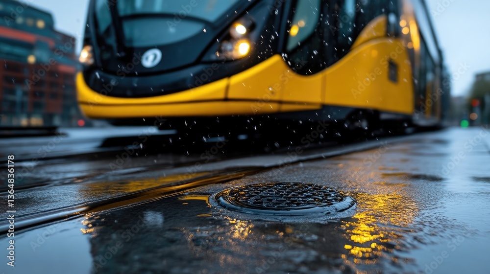 Fototapeta premium Yellow tram on a wet city street. Close-up view of the rain-slicked pavement reflecting the tram