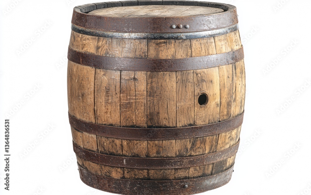 Obraz premium Rustic wooden barrel with metal bands in a well-worn condition displayed on a white background