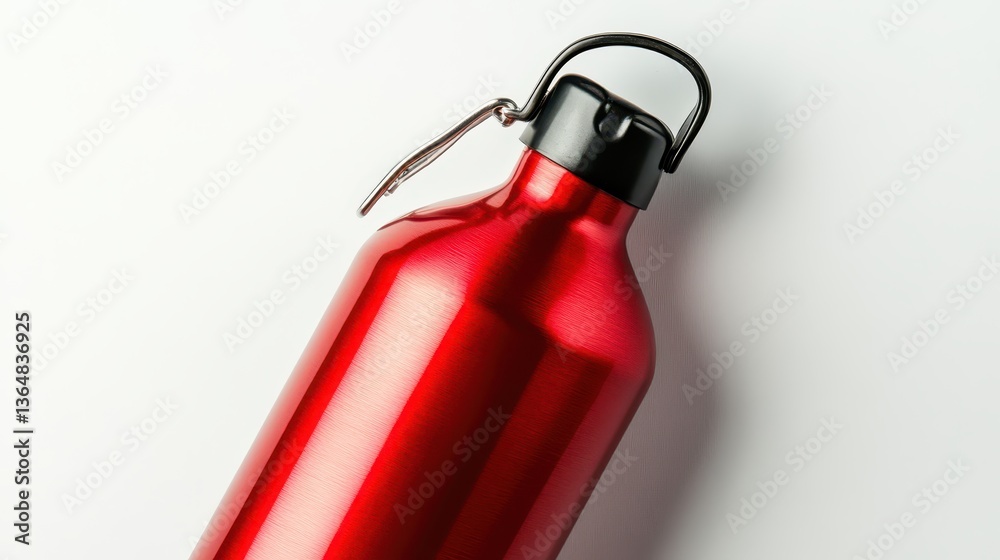 Obraz premium A bright red metal water bottle features a black screw lid and a convenient clip. Its smooth surface reflects light, emphasizing its modern and sleek design. Ideal for outdoor activities