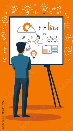 Businessman Analyzing Data on Board with Creative Light Bulbs
