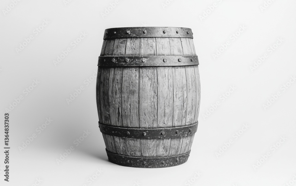 Obraz premium Vintage wooden barrel standing on a white surface with a minimalist backdrop showcasing rustic charm
