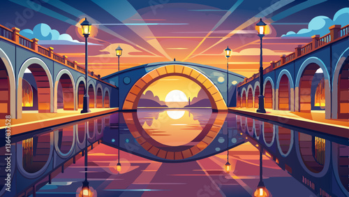 Symmetrical arches of a bridge cast perfect reflections on the still water below, illuminated by warm streetlights, showcasing the serene beauty of urban infrastructure in harmony with nature