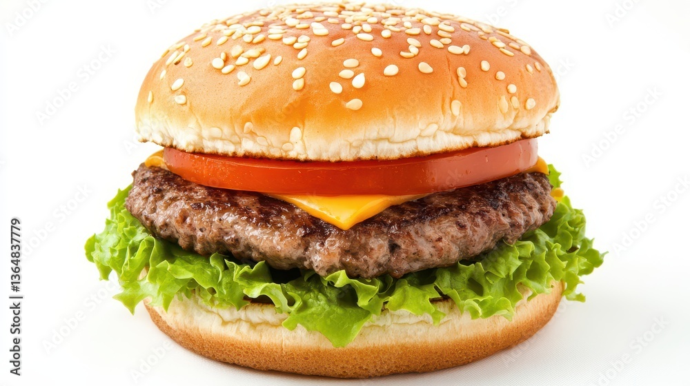 The cheeseburger features a juicy beef patty topped with melted cheddar cheese, fresh lettuce, and ripe tomato slices, all nestled in a sesame seed bun