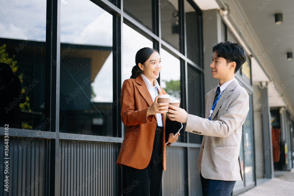 Fototapeta premium Happy two Asian business holding coffee cup in modern office.