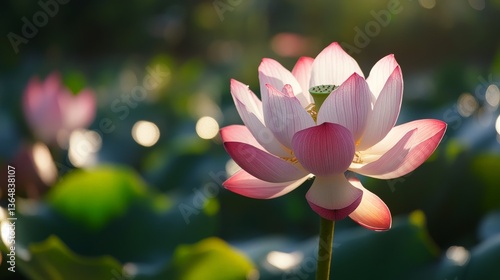 Pink Lotus flower blooming in the morning sun.