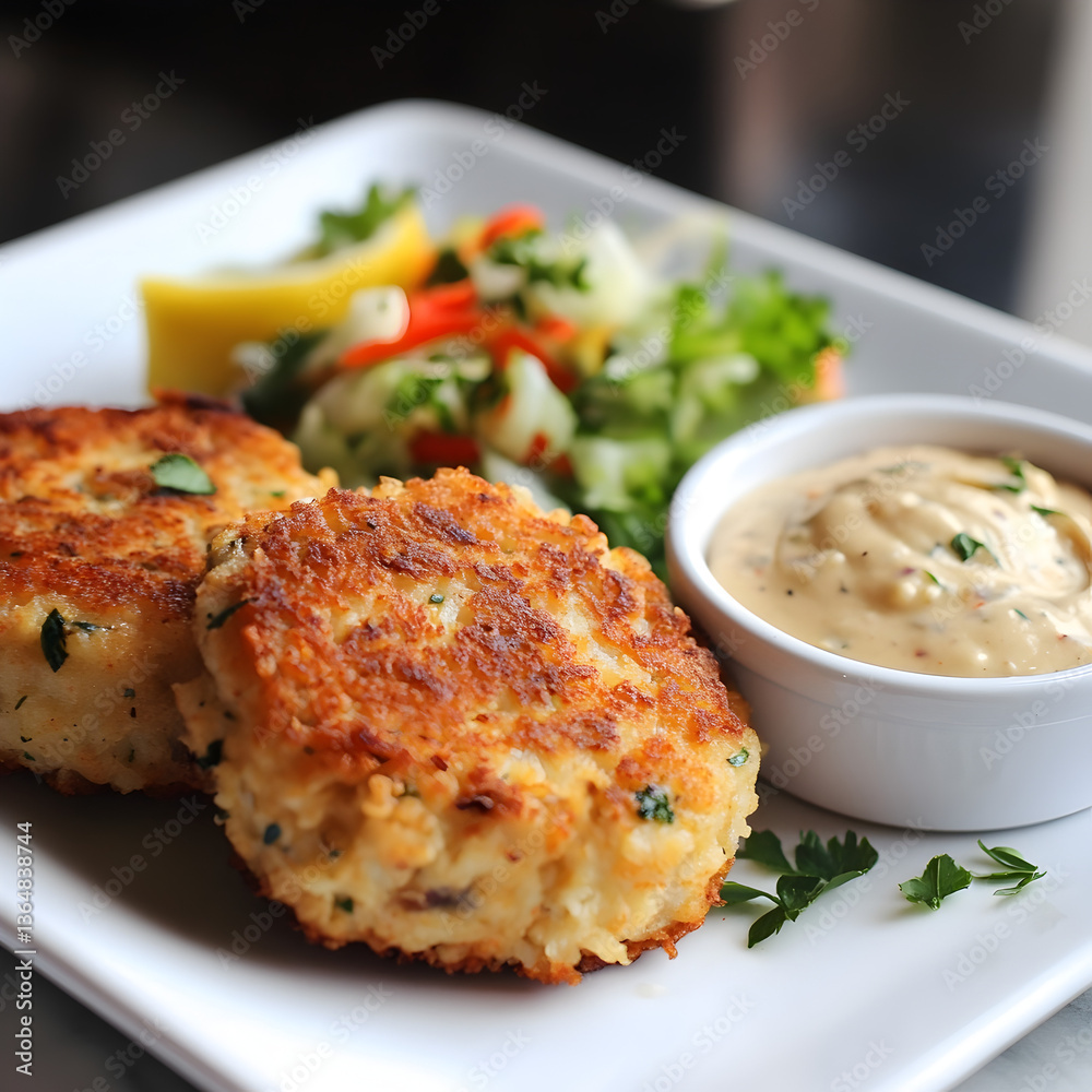 A golden crab cake with remoulade sauce and fresh slaw. A golden crab cake with remoulade sauce and fresh slaw.