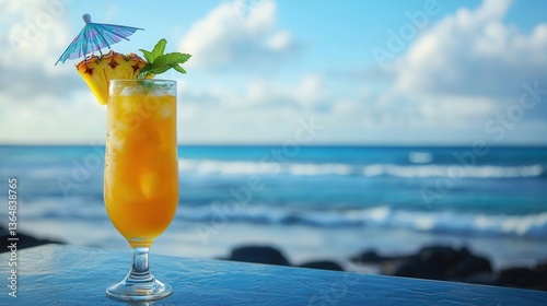 a vibrant tropical cocktail in a tall glass, garnished with fresh pineapple, mint leaves, and a tiny umbrella, served on a beachside table with a stunning ocean view. 