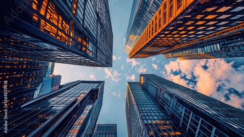 an ultra-wide-angle shot looking straight up from the ground at towering skyscrapers converging towards the sky, creating a sense of scale and depth. 