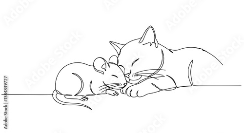 Cat and mouse sharing a gentle moment in an outline sketch  
