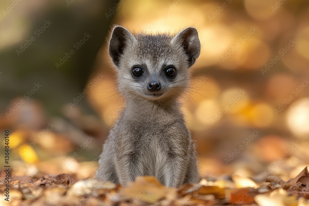 Fototapeta premium Adorable Young Dwarf Mongoose In Autumn Leaves