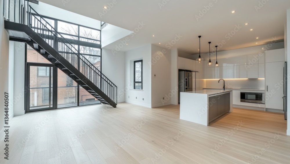 Modern interior shows a staircase and open concept kitchen space Modern interior shows a staircase and open concept kitchen space
