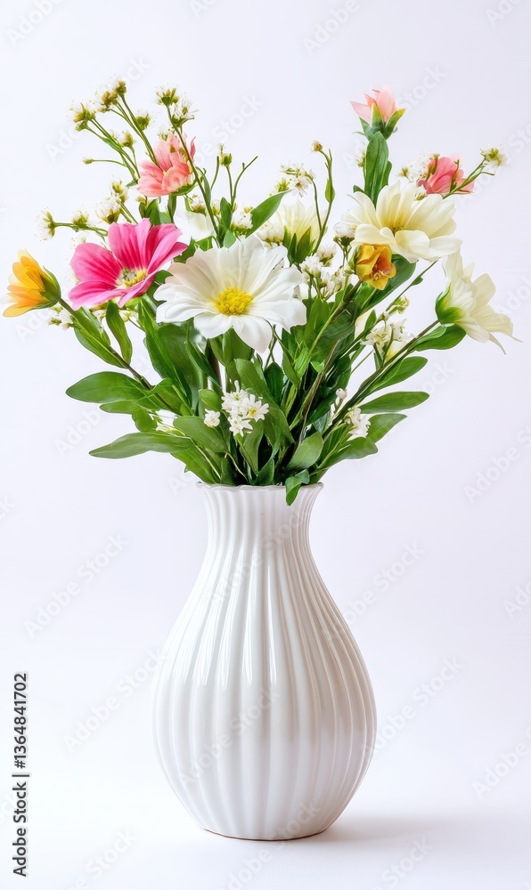 Brightly colored flowers are arranged in a white, ribbed vase. The bouquet features various blooms including daisies and pink flowers, set against a clean, light background for a fresh, cheerful look Brightly colored flowers are arranged in a white, ribbed vase. The bouquet features various blooms including daisies and pink flowers, set against a clean, light background for a fresh, cheerful look