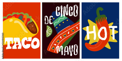 Cinco de Mayo festive cartoon posters set with mexican taco, sombrero hat, hot chilli pepper. Set of cinco de mayo party flyer template. National mexican holiday vector illustration