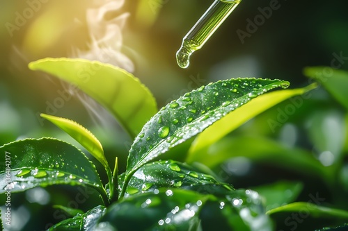 Macro shot of green tea extract and glass dropper. Natural Essential Oil
