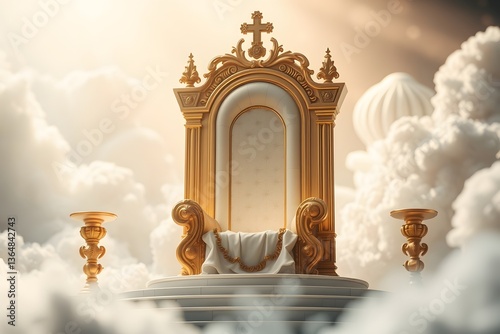 Majestic golden throne surrounded by fluffy clouds with soft light illuminating the scene