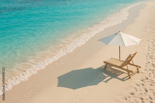 Sandy beach coastline features turquoise water and white umbrella with lounge chair on the shore in a tropical setting