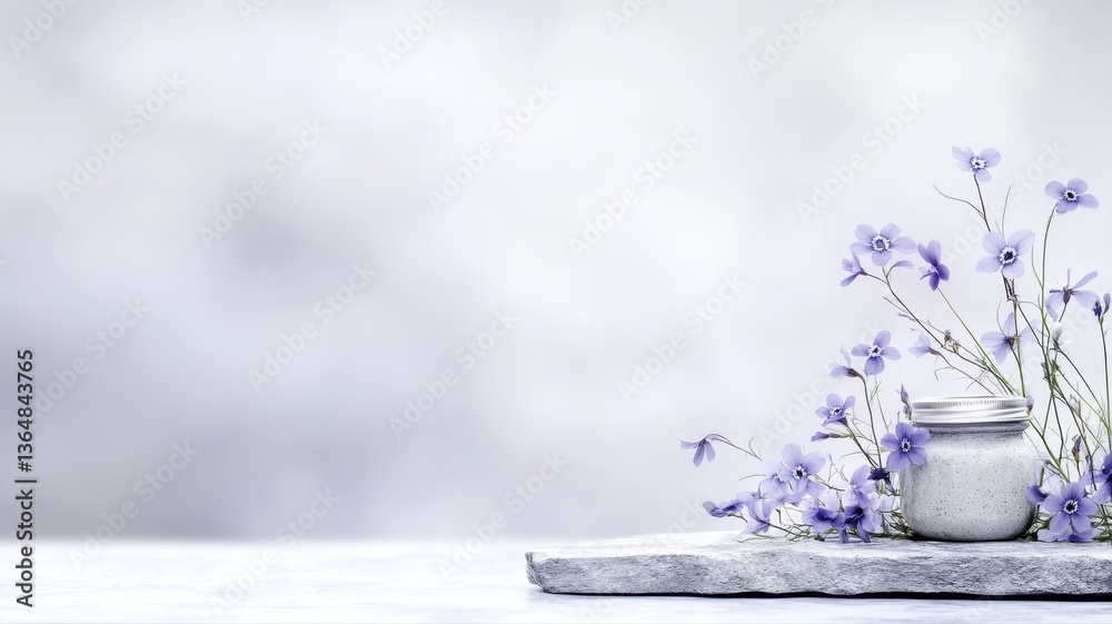 Fototapeta premium Minimalistic floral arrangement with purple flowers in a jar on a textured surface, soft background.