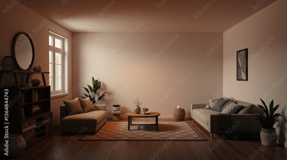 Fototapeta premium Warm living room with sofas and coffee table accents