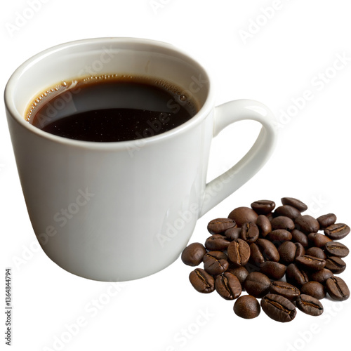 Steaming Black Coffee in White Mug with Coffee Beans on Transparent Background