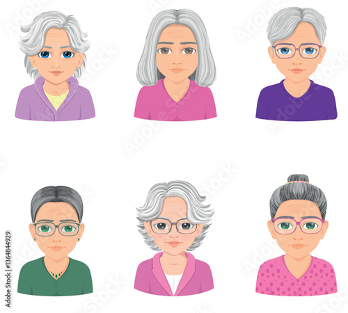 set of six different style old woman portraits