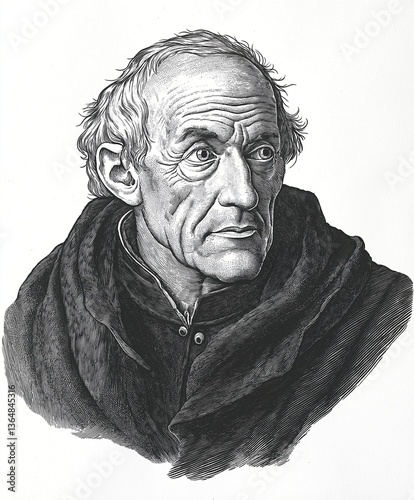 Elderly monk in robe looking sideways with serious expression