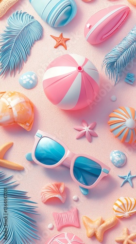 Summer beach flat lay with pastel sunglasses and shells, minimal tropical summer beach flat lay for vacation design, stylish in pastel tones Bright summer accessories on pastel background.