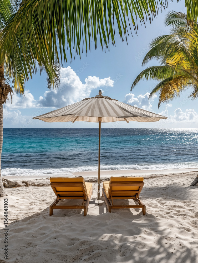 Fototapeta premium Sunbeds and beach umbrella on tropical sandy beach