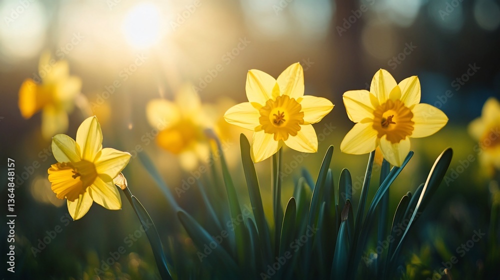 Obraz premium Daffodils blooming in the warm glow of sunrise or sunset ambience