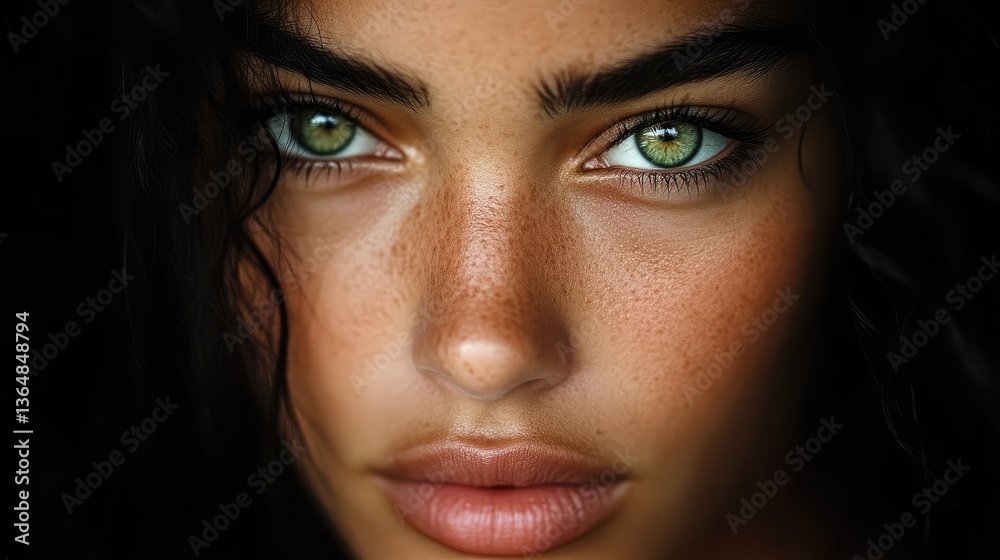 Close-up portrait of a woman with striking green eyes and natural beauty Close-up portrait of a woman with striking green eyes and natural beauty