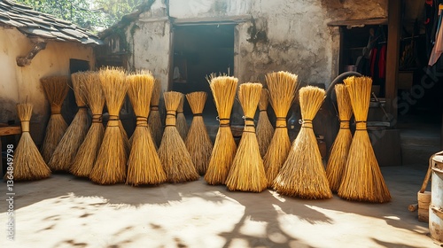 Brooms leaned against wall in village courtyard, light beams, for domestic use