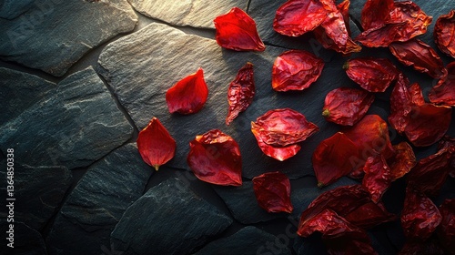 Dried red petals are scattered on a textured black stone surface