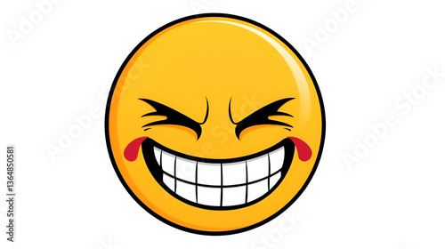 A modern cartoon face with a gloat laugh emoji, characterized by angry eyes and a toothy laughing mouth, exemplifies a malefactor's facial expression of humorous feelings on a white background