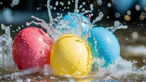 Colorful Balls Splashing in Water with Sparkling Droplets