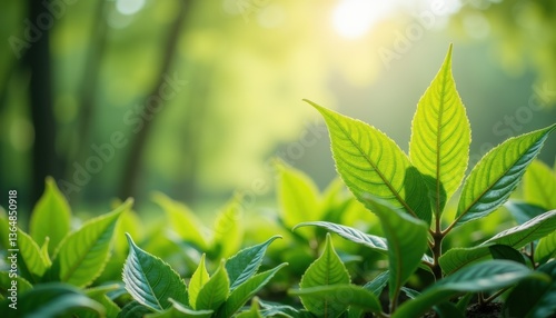 Fresh green leaves glowing in sunlight against a blurred background  