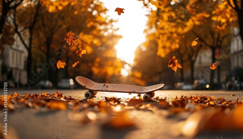 Skateboard on autumn street with fallen leaves, sunlight filtering through the trees, serene