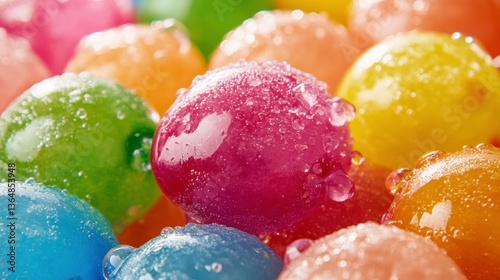 Colorful Water Droplets on Vibrant Jelly Candy Close-Up