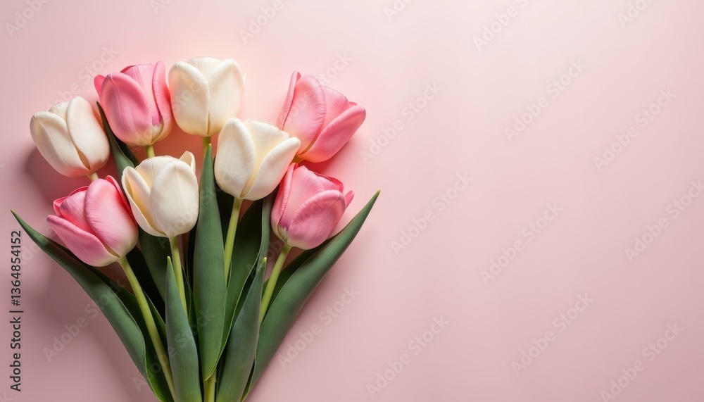 Fototapeta premium Pink and White Tulips Bouquet on Pink Background 
