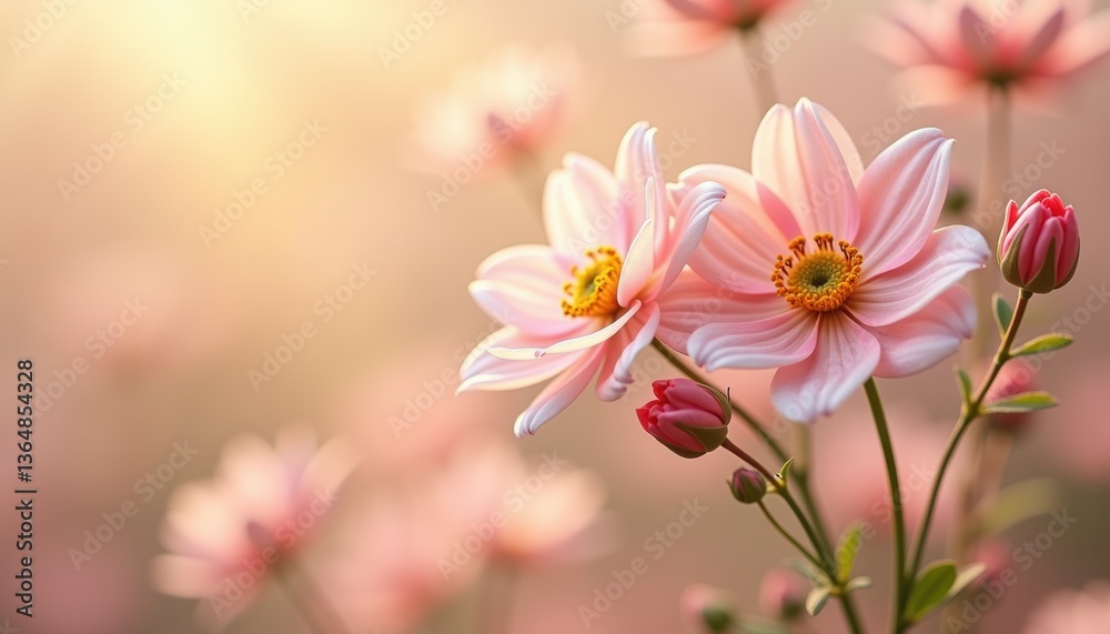 Fototapeta premium Delicate pink flowers blooming in a soft, dreamy garden 